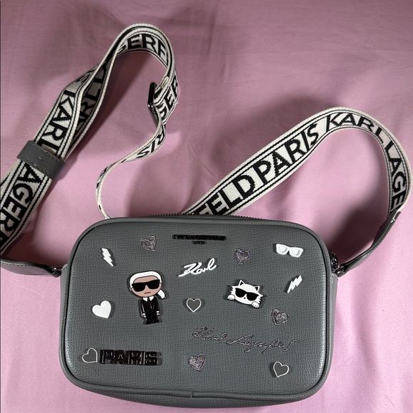 Karl Lagerfeld Handbags - Karl Lagerfeld Gray Maybelle Crossbody with Branded Webbing Strap and Charms